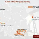Mapa Polski z zaznaczonymi obszarami występowania ropy naftowej i gazu ziemnego. Widać zagłębia: Pomorskie, Przedsudeckie, Przedgórskie i Karpackie.