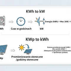 Diagram wyjaśnia, jak energia (kWh) zależy od mocy (kW) i czasu. Panele słoneczne (kWp) produkują energię w zależności od nasłonecznienia.