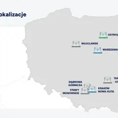 Mapa Polski z zaznaczonymi potencjalnymi lokalizacjami elektrowni jądrowych i legendą.