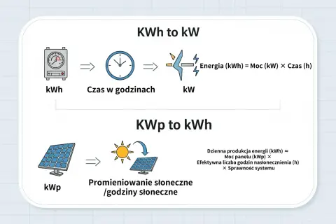 Diagram wyjaśnia, jak energia (kWh) zależy od mocy (kW) i czasu. Panele słoneczne (kWp) produkują energię w zależności od nasłonecznienia.