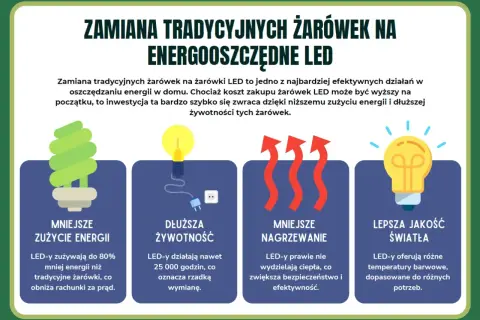 Zamiana żarówek na LED to klucz do oszczędzania prądu. Mniejsze zużycie energii, dłuższa żywotność, mniejsze nagrzewanie i lepsza jakość światła to główne zalety.