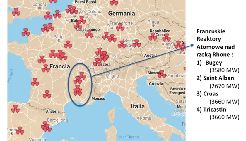 Mapa Europy z zaznaczonymi symbolami elektrowni atomowych, skupionymi głównie we Francji.