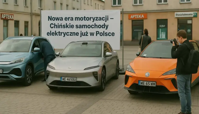 Trzy nowoczesne chińskie samochody elektryczne prezentowane na placu. Mężczyzna fotografuje pomarańczowy model.