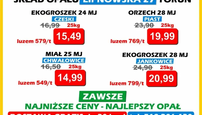 Ceny węgla: ekogroszek od 579 zł/t, orzech od 769 zł/t, miał od 549 zł/t. Dostawa gratis do 30 km.