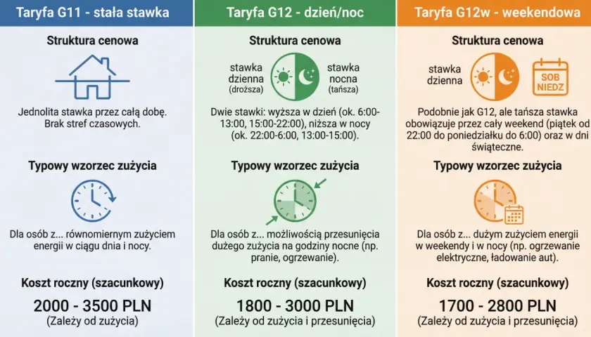 Porównanie taryf prądu: G11, G12, G12w. Ikony domu, słońca i księżyca, zegara, kalendarza.