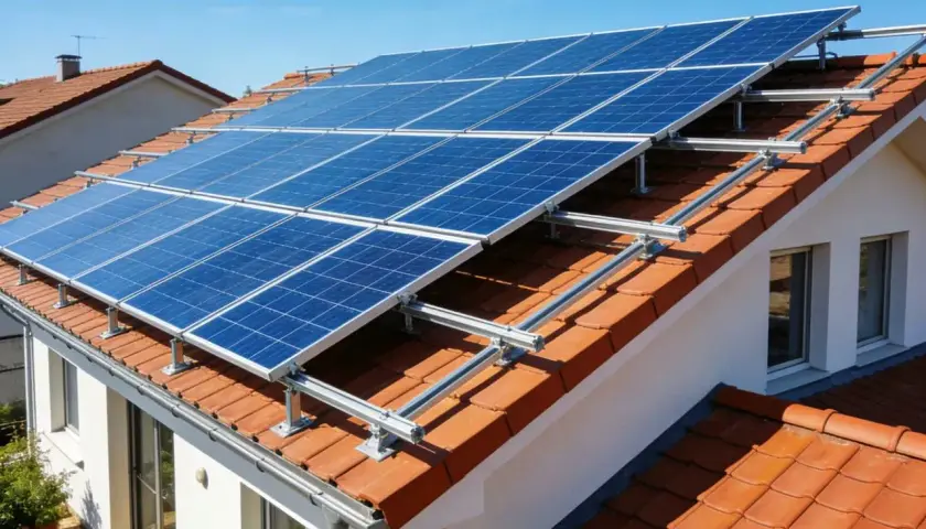 Panele słoneczne na dachu domu, zapewniające energię off grid.