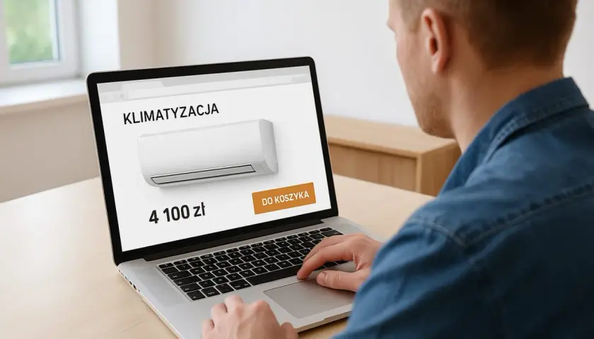 Mężczyzna sprawdza na laptopie, ile kosztuje montaż klimatyzacji. Cena 4100 zł.