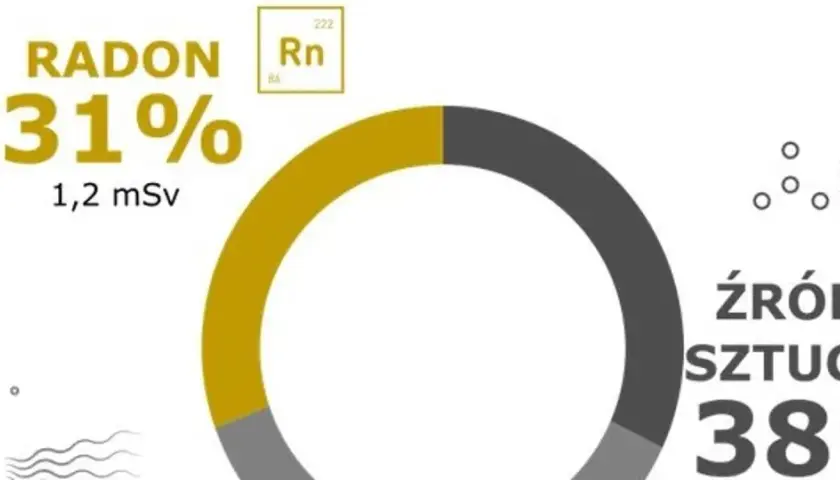 Radon stanowi 31% promieniowania (1,2 mSv). Źródła sztuczne to 38%.