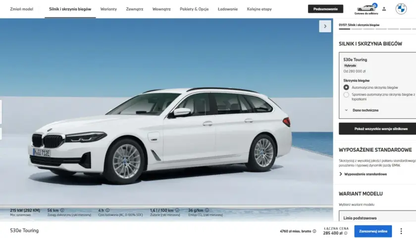 Białe BMW 530e Touring hybrydowe, gotowe do jazdy. Konfiguracja silnika i skrzyni biegów.