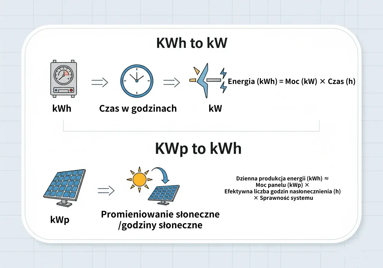 Diagram wyjaśnia, jak energia (kWh) zależy od mocy (kW) i czasu. Panele słoneczne (kWp) produkują energię w zależności od nasłonecznienia.