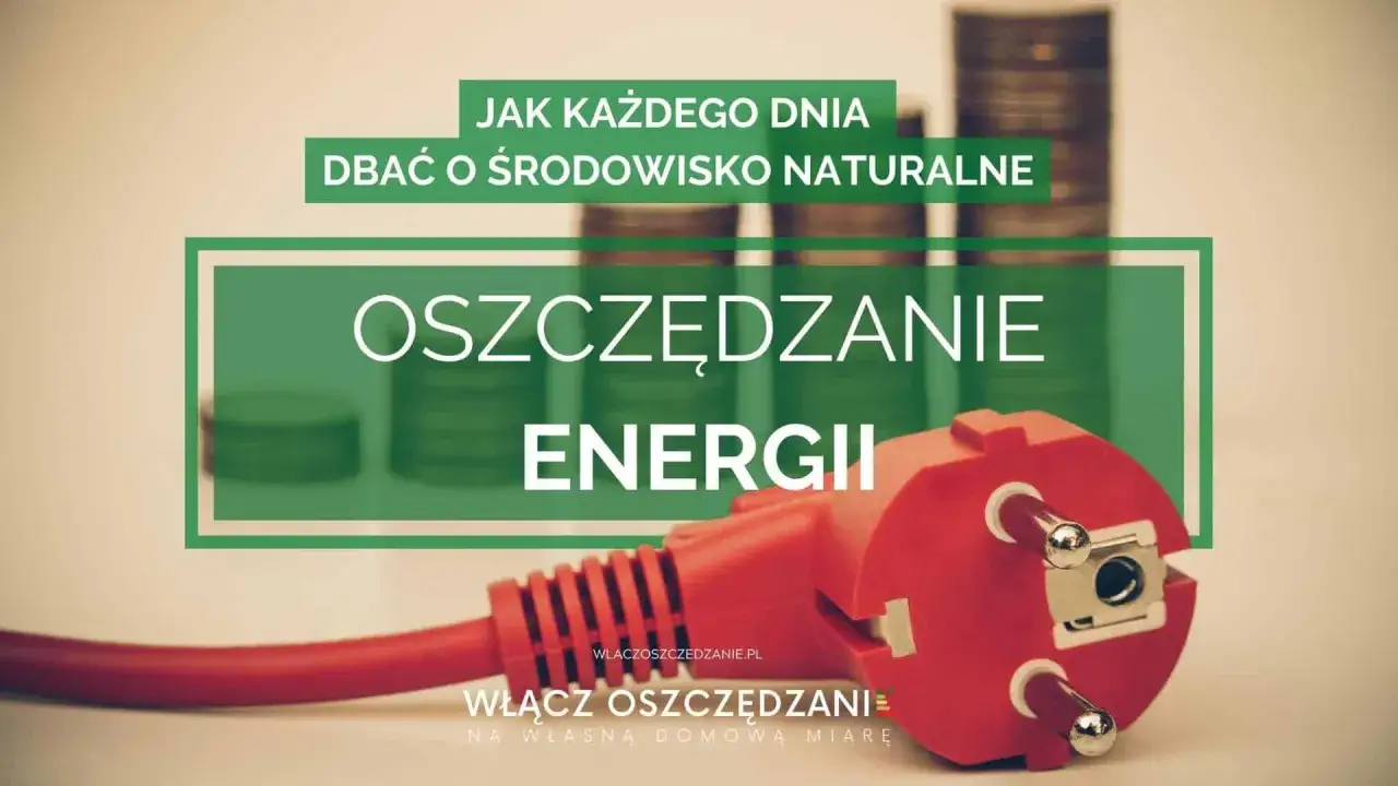 Oszczędzanie energii to proste sposoby na dbanie o środowisko naturalne. Czerwona wtyczka symbolizuje energię, a stosy monet - oszczędności.